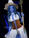 Chubby blue alien sex doll with wavy hair, wearing a white dress and brown corset, holding a staff and sporting a large pointed hat with a stylish design.