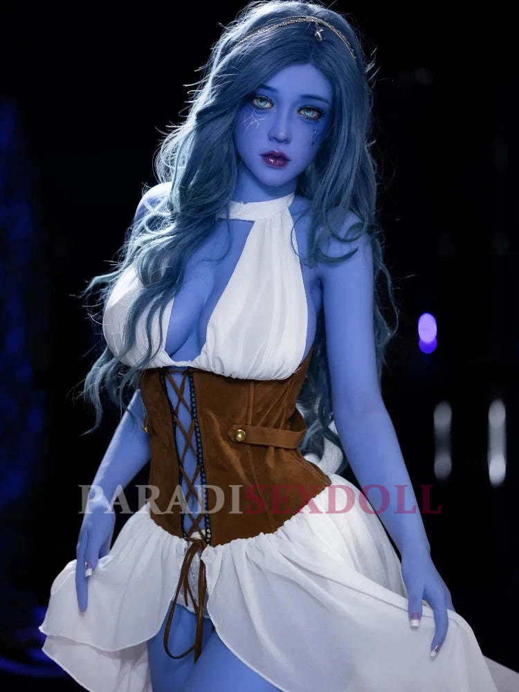 Chubby blue alien sex doll with long wavy hair in a stylish white dress and brown corset, featuring realistic facial features and vibrant eyes.