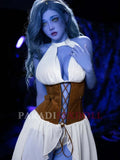 Chubby blue alien sex doll with striking green eyes and long flowing wavy hair, wearing a white halter dress and a stylish brown laced corset, showcasing an alluring pose.