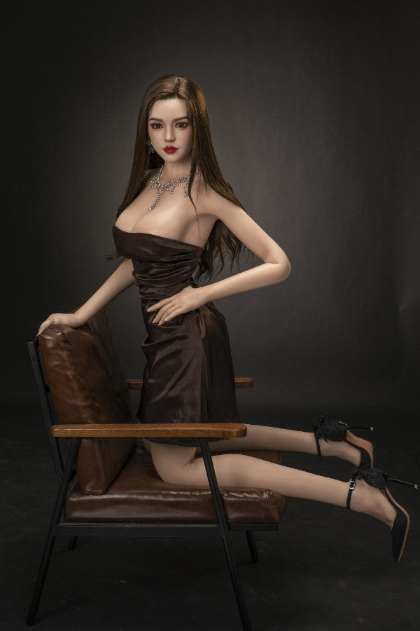5FT F Cup Realistic Silicone Sex Doll in Elegant Brown Dress and White Lingerie Set