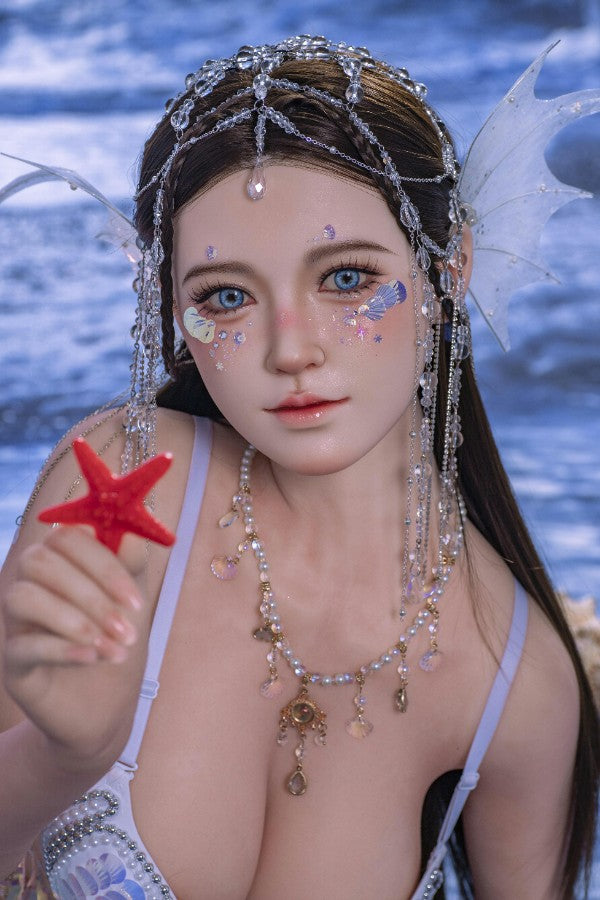 5FT realistic silicone sex doll with big breasts in white lingerie and cosplay accessories holding a starfish