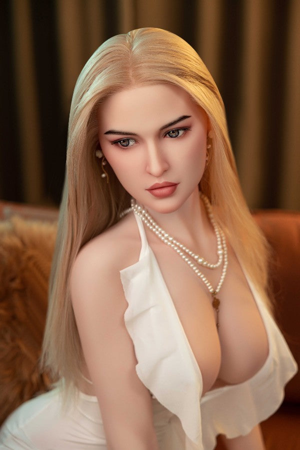 5FT Kiana silicone sex doll with natural color, jelly bust and white lingerie sitting elegantly