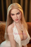 5FT Kiana silicone sex doll with natural color, jelly bust and white lingerie sitting elegantly