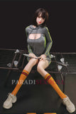 Olivia, the 168cm exotic sex doll, dressed in a stylish grey hoodie and neon accents, sitting on a badminton court with a sporty vibe, showcasing her attractive figure and athletic pose.