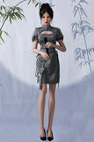 Sophisticated lifesize Chinese sex doll Winni elegantly dressed in a gray puff-sleeve dress holding a black fan, seated on a pedestal with a gentle bamboo-patterned background.