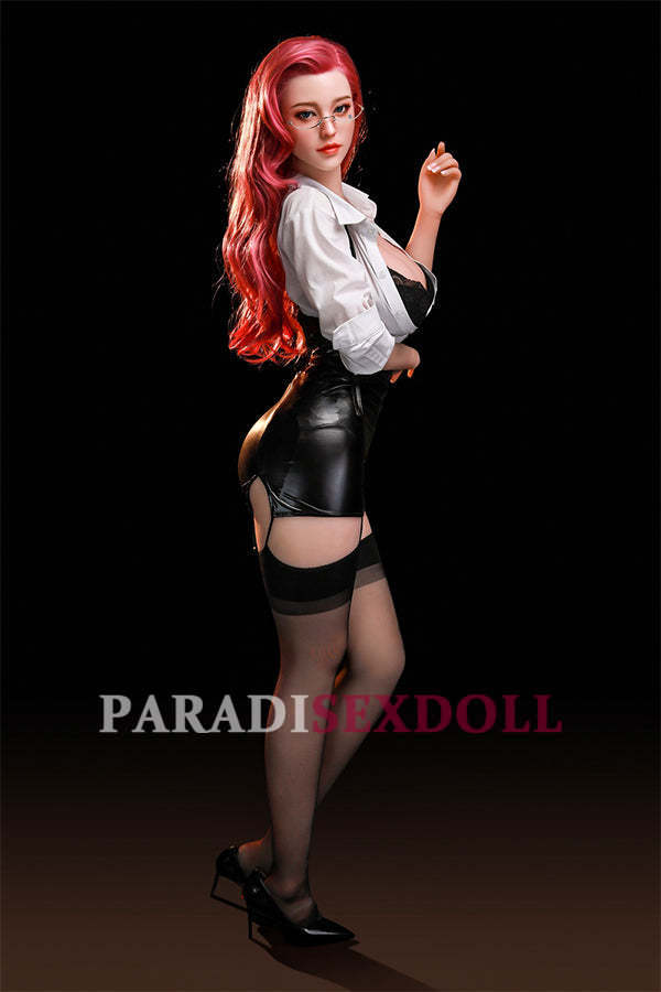 170cm Korean silicone head sex doll Anastasia with long pink hair and stylish glasses, wearing a fitted white blouse and sleek black leather mini skirt, confidently posed with a sultry expression.