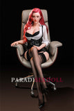 170cm Korean silicone head sex doll Anastasia with vibrant long pink hair, dressed in an elegant white blouse and black leather skirt, confidently posed on an office chair, showcasing realistic features and stylish outfit.