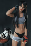 Charlotte realistic sex doll striking a sporty pose with her long black hair, wearing a snug gray sports top and black thong, with boxing gloves resting on her hands, highlighting her detailed lifelike features.